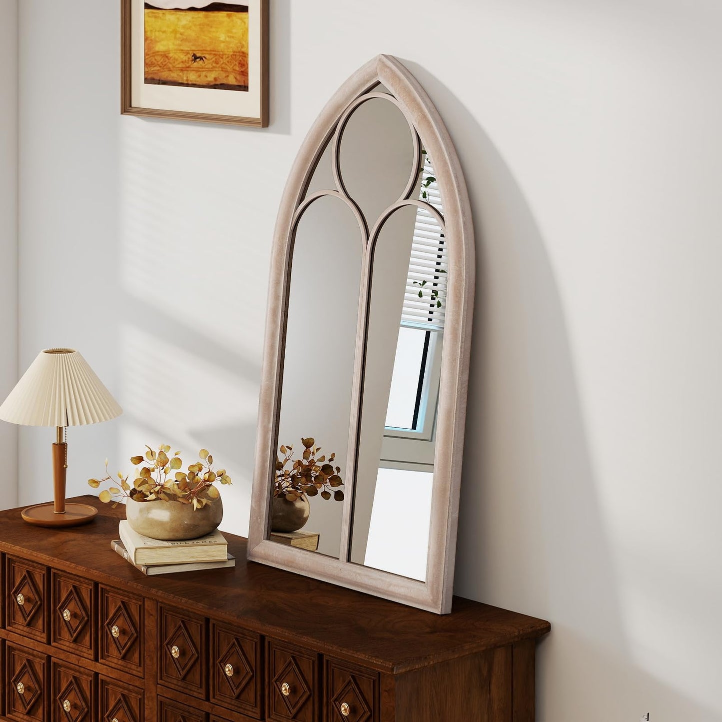 Farmhouse Window Pane Mirror Large Arched Wall Mounted Mirror with Metal Frame