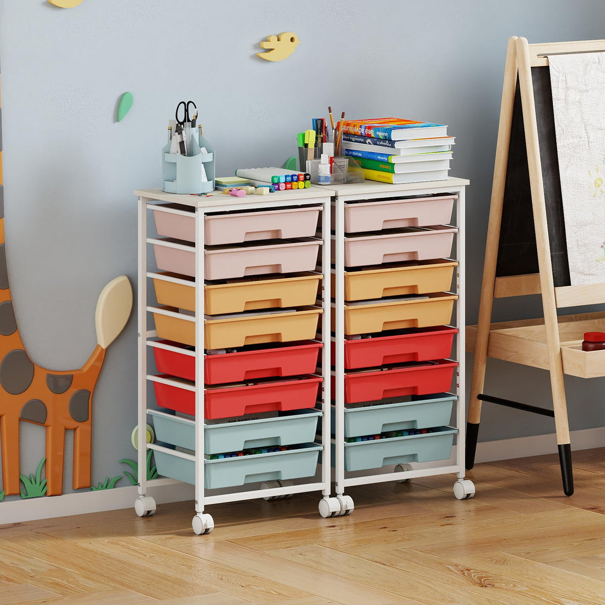 8 Drawers Storage Trolley, Rolling Utility Cart with Wooden Top