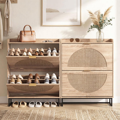 24cm Narrow Shoe Cabinet with 2 Rattan Flip Drawers
