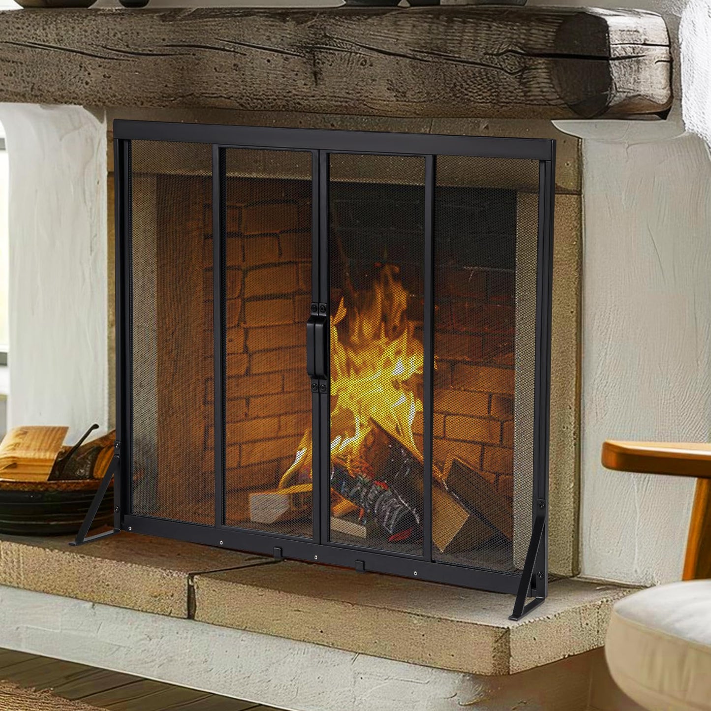 89 x 72 cm Metal Fireplace Screen with Sliding Doors