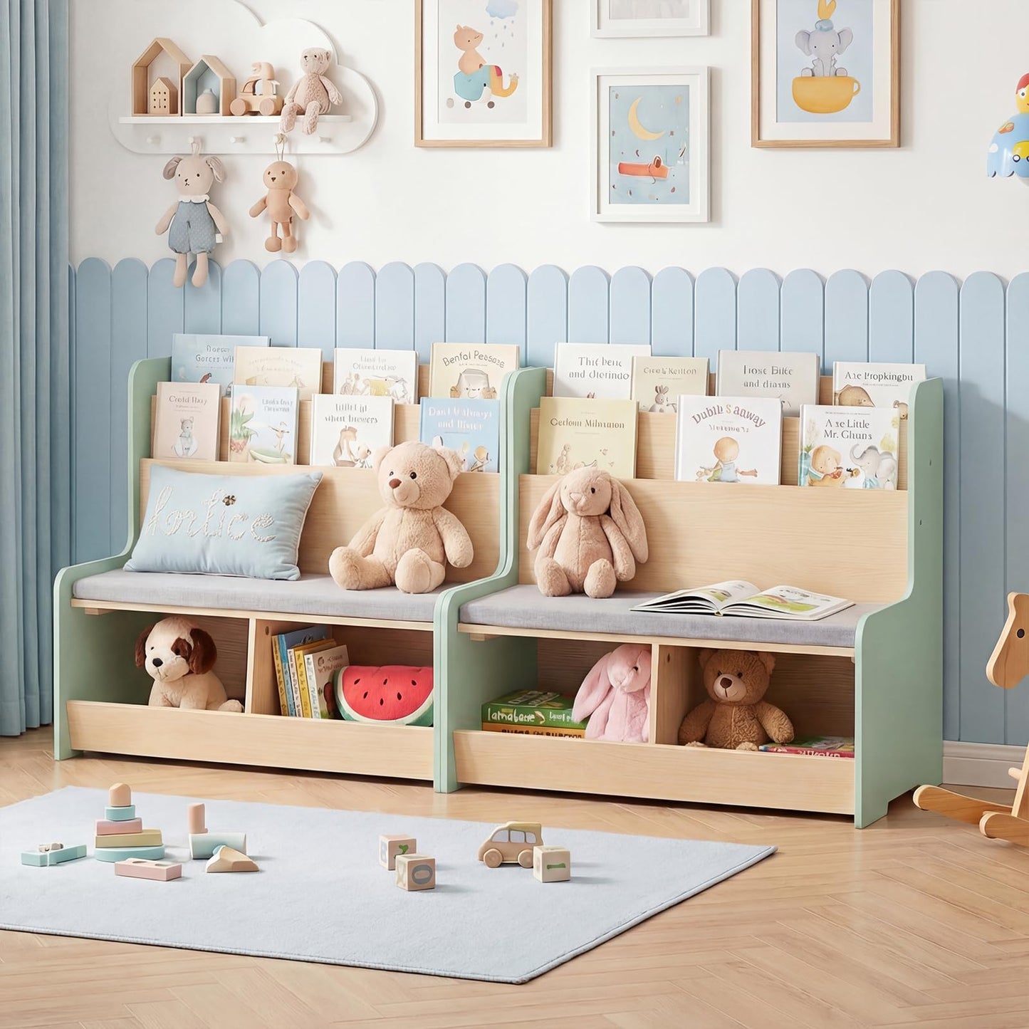 Kids Reading Nook with Bench Toddler Toy Storage Organizer with Bookshelf and 2 Cubbies
