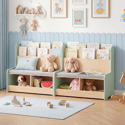 Kids Reading Nook with Bench Toddler Toy Storage Organizer with Bookshelf and 2 Cubbies