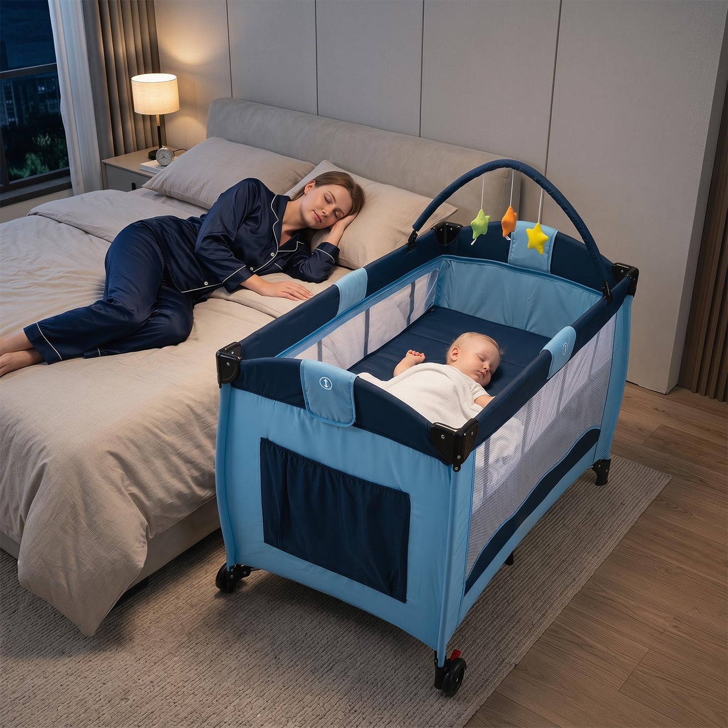 4 in 1 Pack and Play Foldable and Portable Baby Playard with Diaper Changing Table and 3 Hanging Toys
