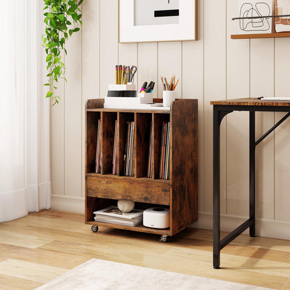 Record Player Stand On Wheels with 5 Compartments for Living Room Bedroom