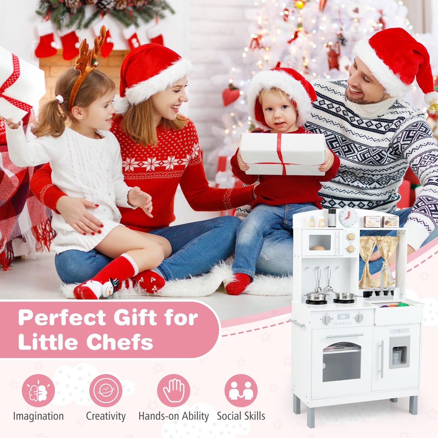 Wooden Play Kitchen for Kids with 3 Adjustable Heights with Stoves and Ice Maker