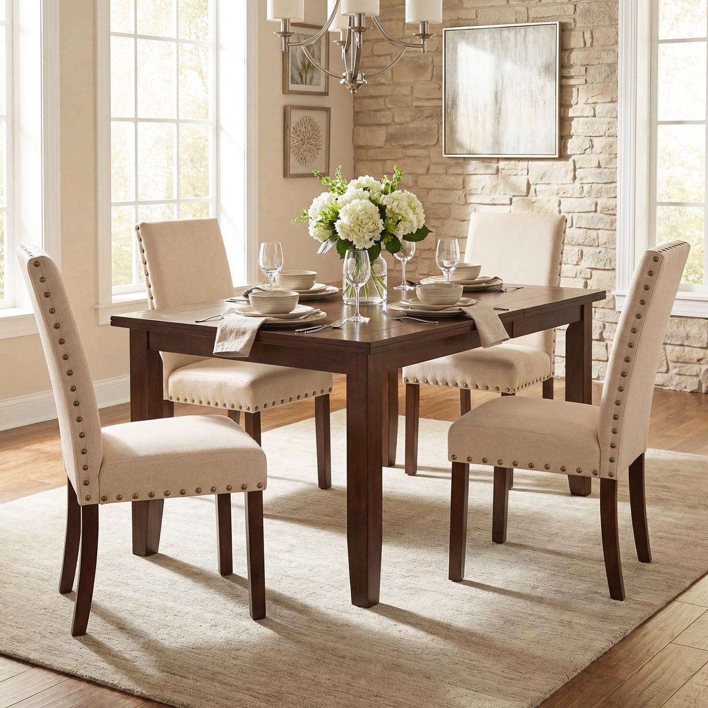 Set of 2 Dining Chairs with High Back, and Solid Rubber Wood Legs