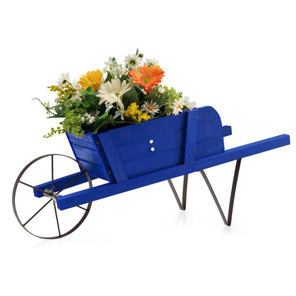 Wooden Wagon Planter Stand Wheelbarrow Flower Cart Garden Decoration