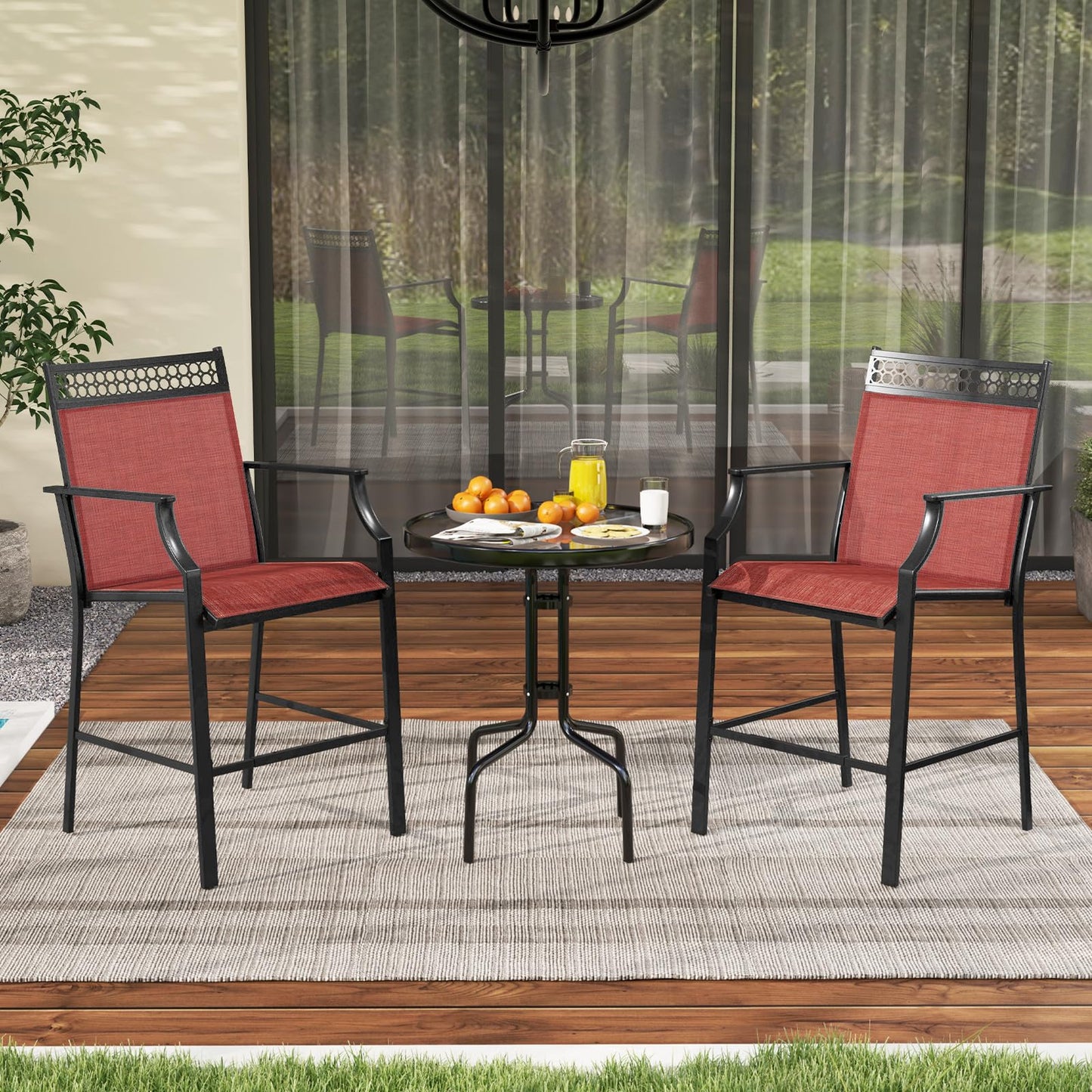 Fabric Outdoor Bar Stools Set of 2 with High Back Armrests & Footrest
