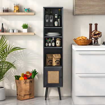Freestanding Slim Cabinet with Rattan Door and Solid Wood Legs