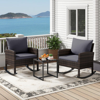 3 PCS Garden Rocking Bistro Set, PE Rattan Furniture Set with Coffee Table