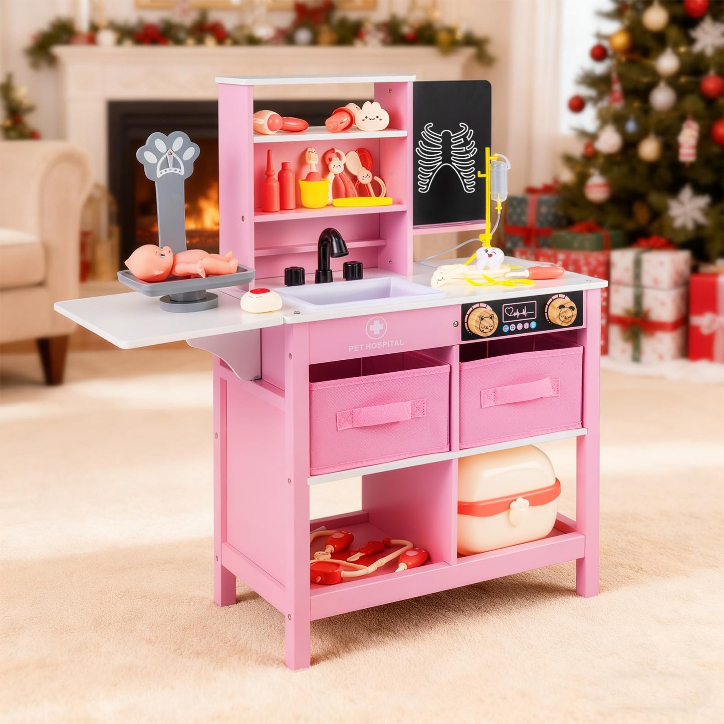 Wood Medical Center Toy Set with Blackboard and Pet Scale for Boys Girls