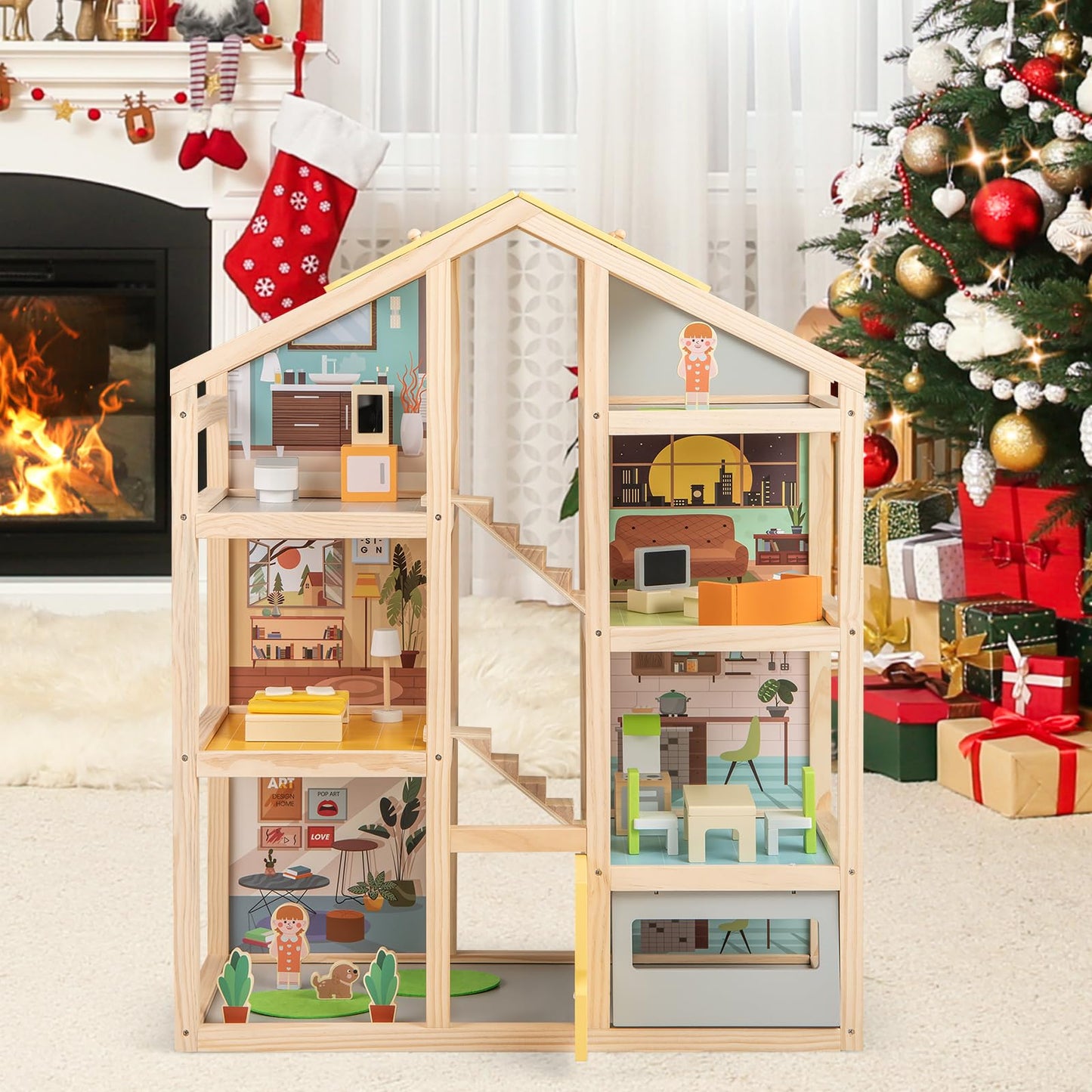 Kids Wooden Dollhouse with 7 Rooms and 18 Pcs Furniture Accessories