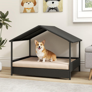 Wicker Dog Bed, Raised Rattan Dogs House with Canopy, Removable Cushion