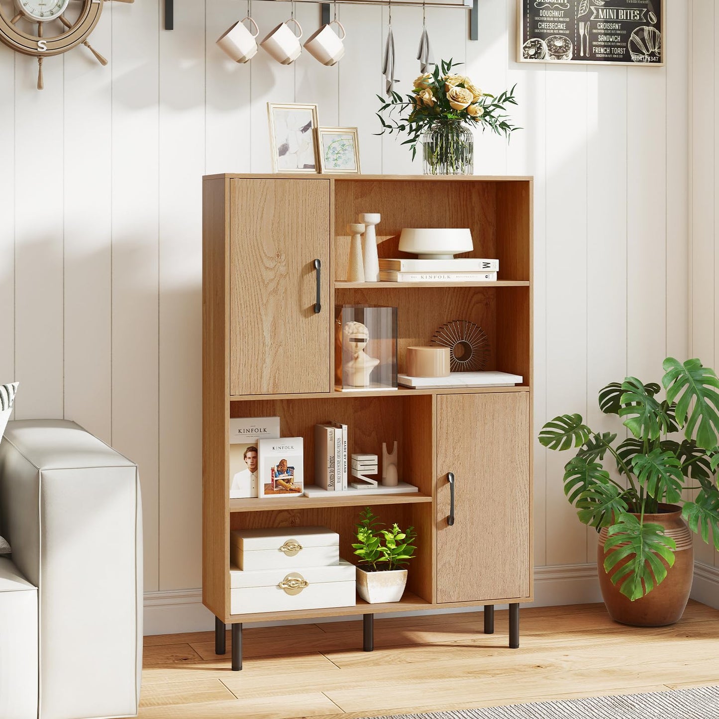Wooden Bookcase, 4 Cube Storage Cabinet with 2 Doors