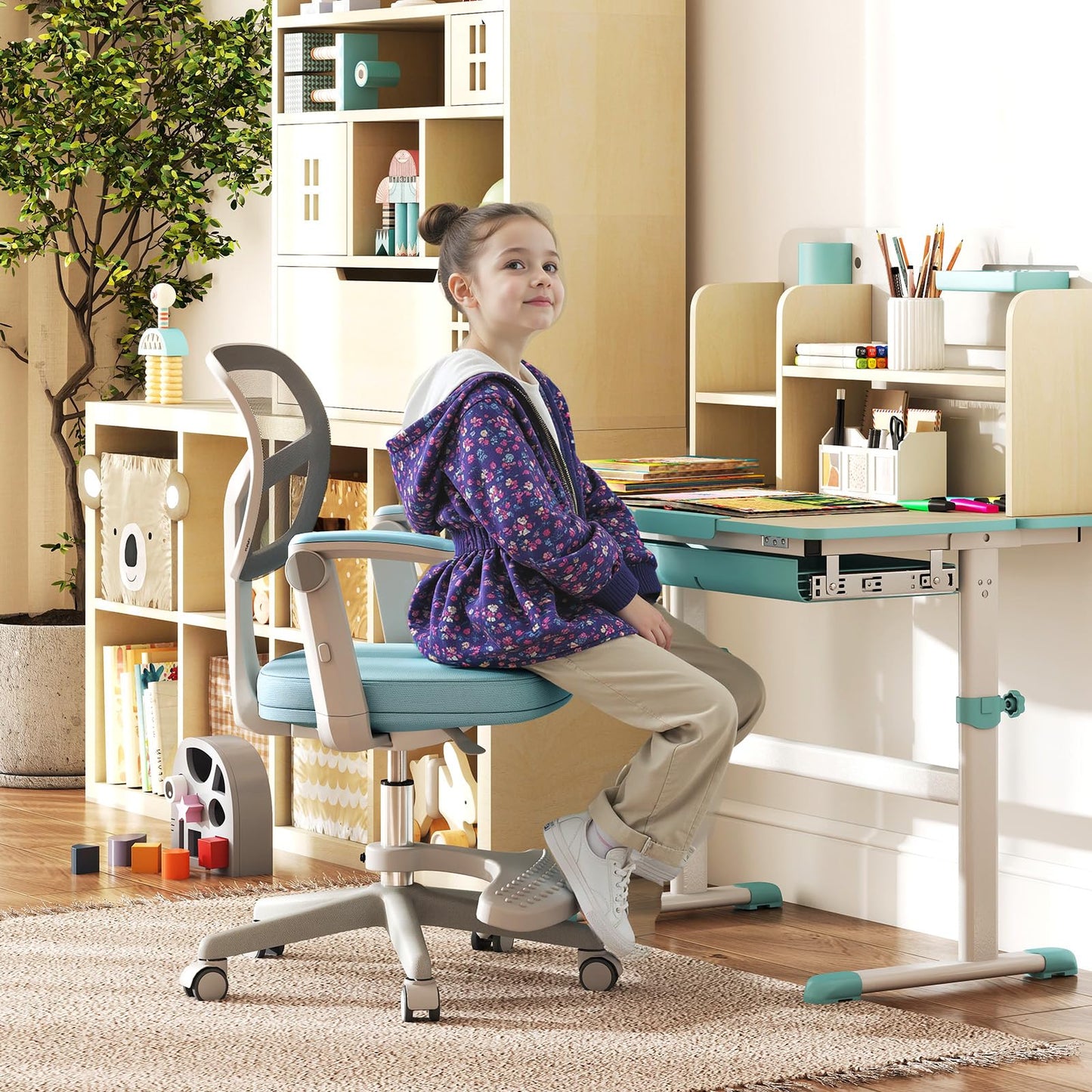 Kids Desk Chair Children Study Chair with Adjustable Height Armrest and Footrest