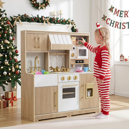 Kids Play Kitchen, Wooden Toy Kitchen with Stoves, Ice Maker, Oven