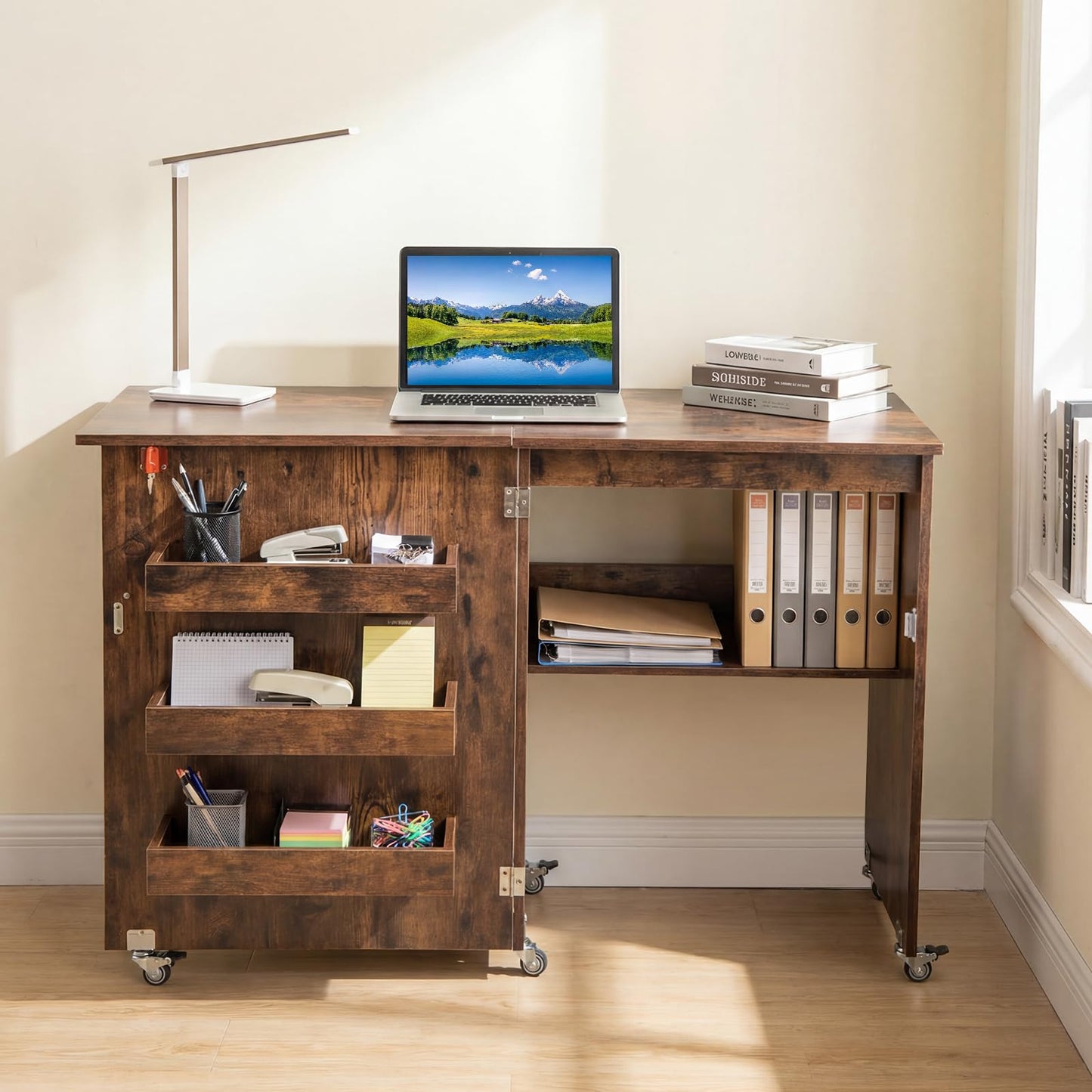 Folding Sewing Table with Storage Shelf and 3 Hidden Bins for Home