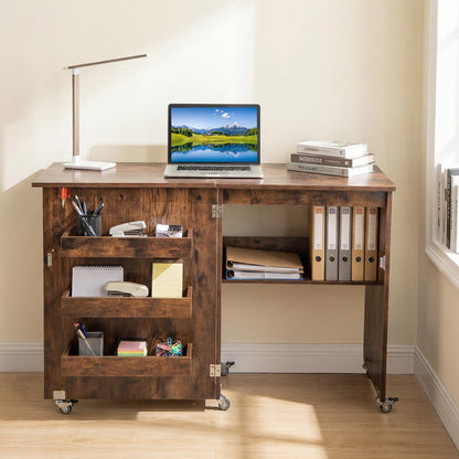 Folding Sewing Table with Storage Shelf and 3 Hidden Bins for Home