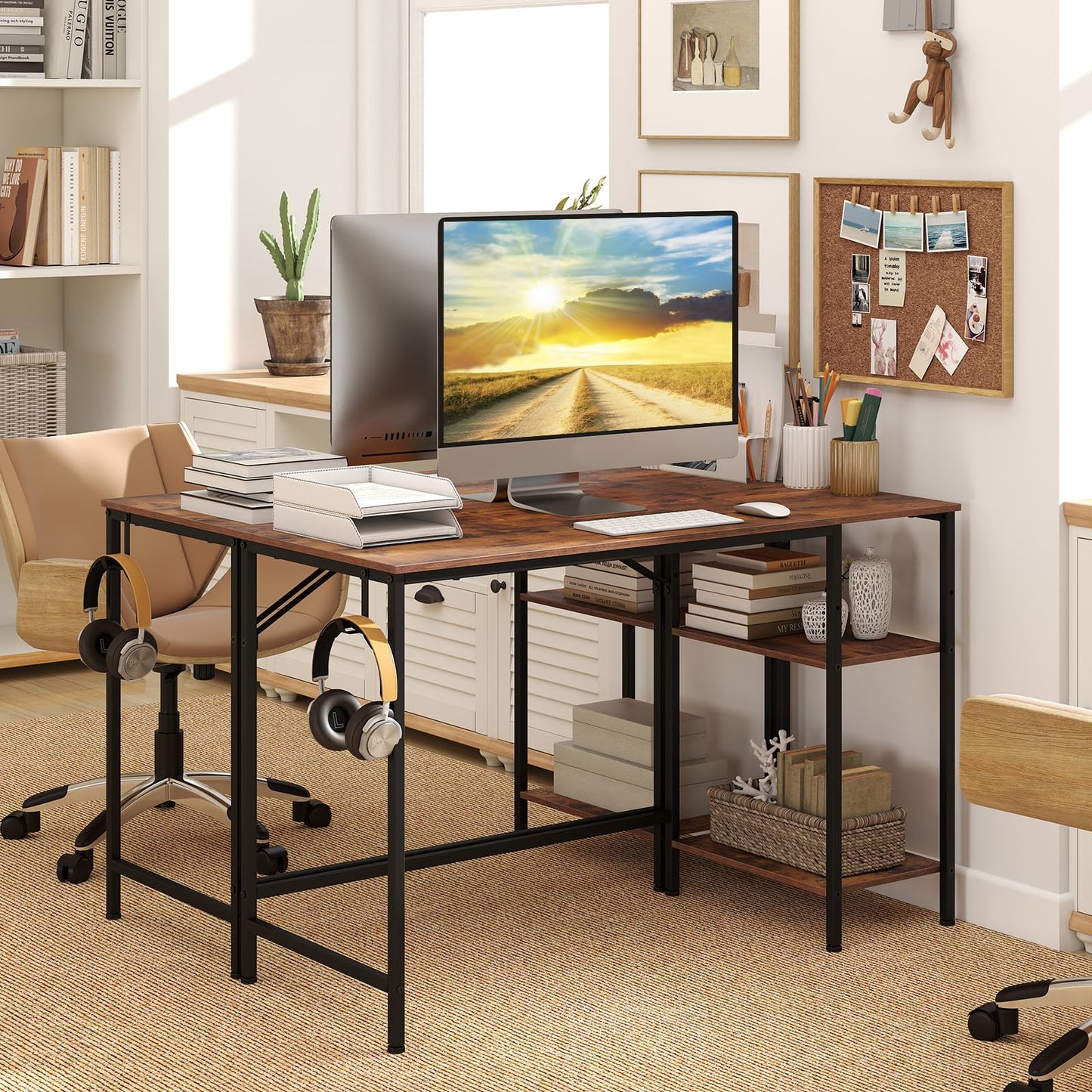 120 cm Reversible Home Office Desk with Headphone Hook and Shelves