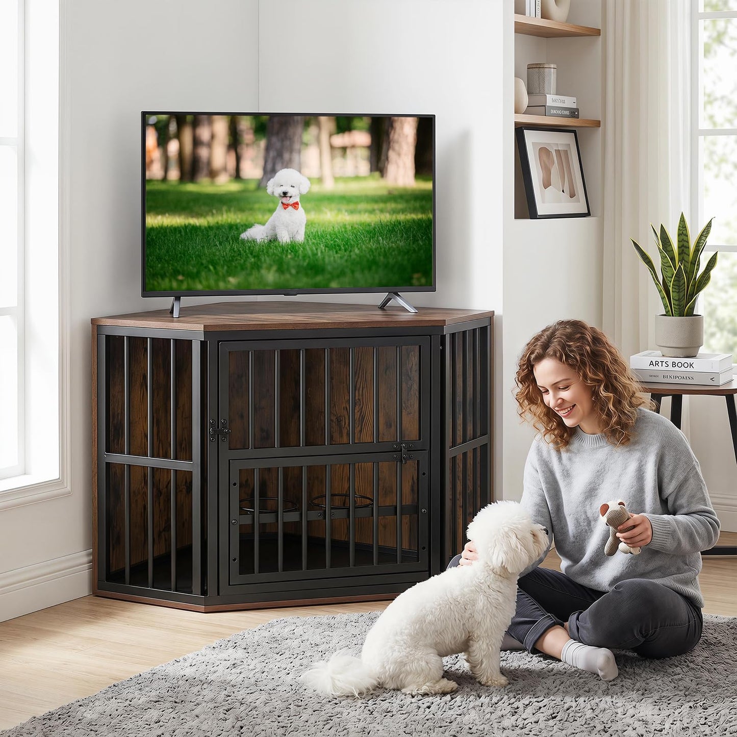 Corner Dog Crate, 2-in-1 Dog Kennel & TV Stand