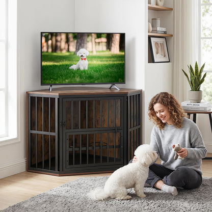Corner Dog Crate, 2-in-1 Dog Kennel & TV Stand