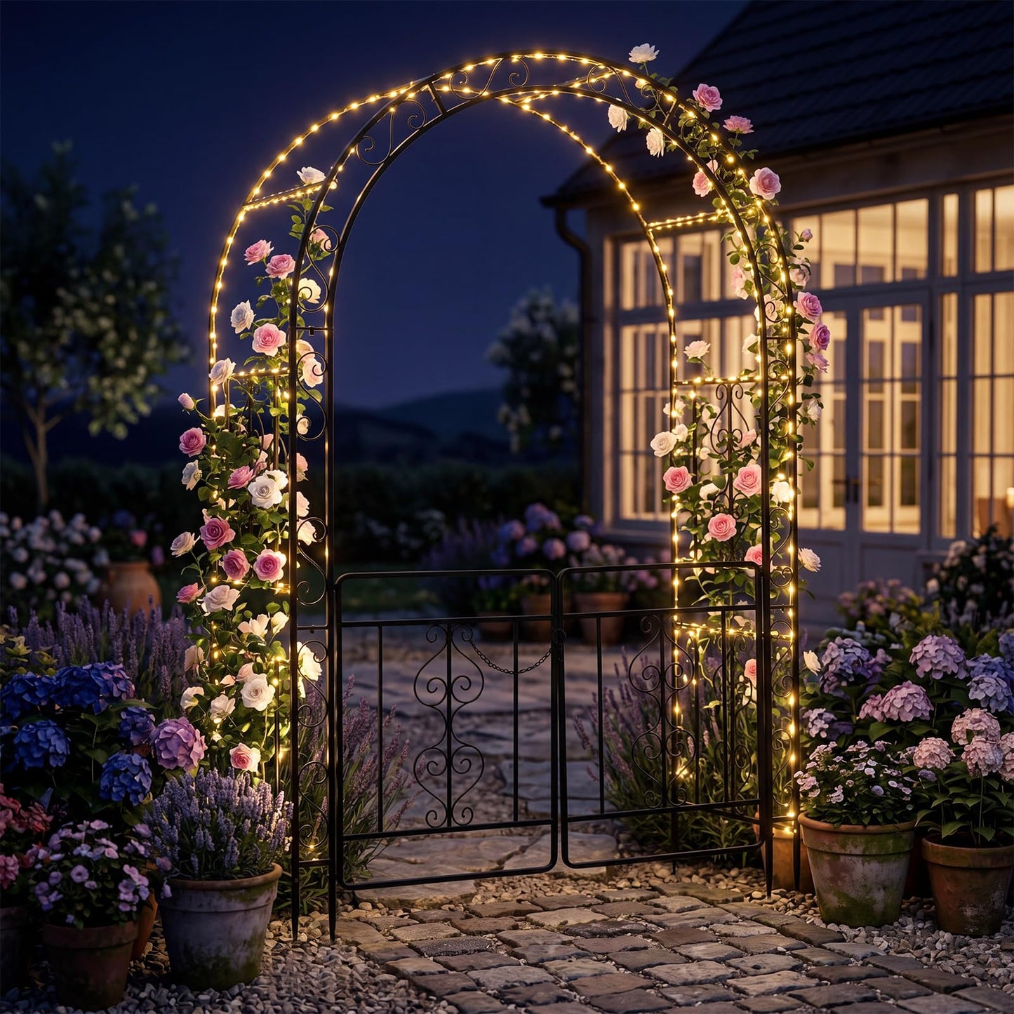 Garden Arch with Gate, Metal Pergola Arbor Trellis for Climbing Plant Rose Vines