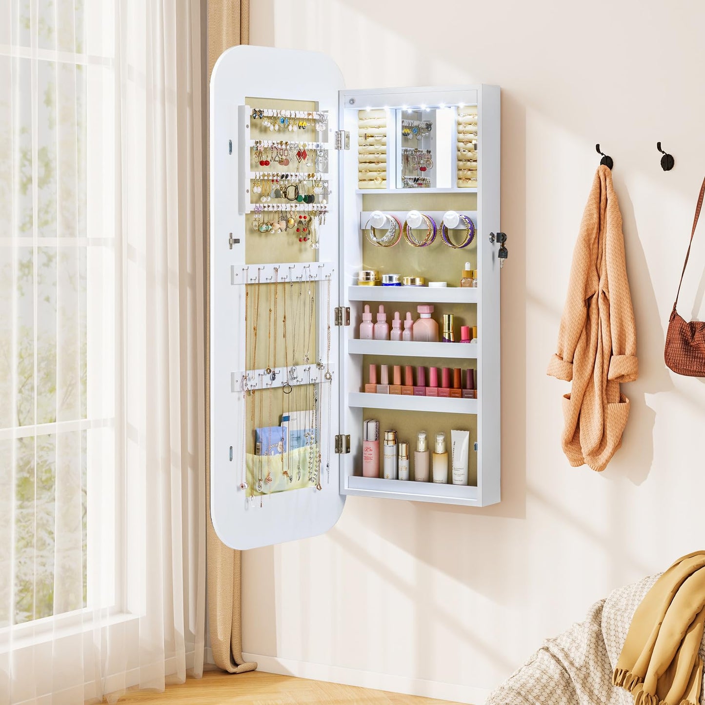 Lockable Jewelry Cabinet with Full-Length Mirror and Storage Shelves