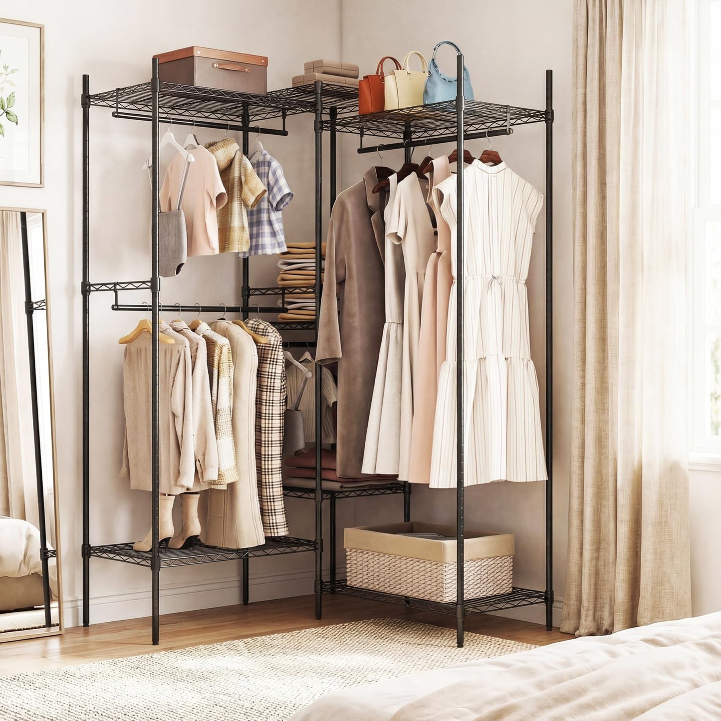 Portable Wardrobe Convertible Clothes Organizer with L-shape and Horizontal Installation