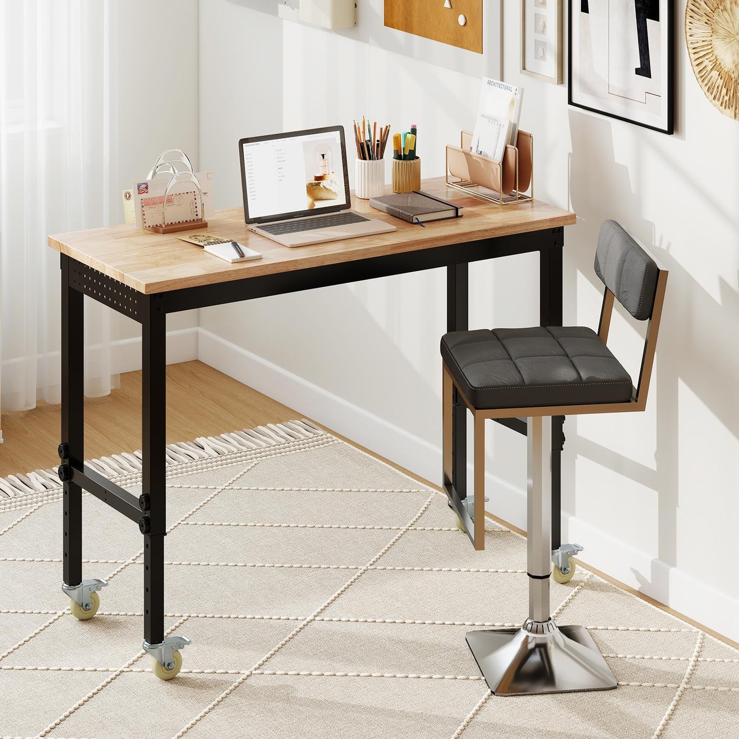 Adjustable Workbench with Wheels and Heavy-Duty Metal Frame