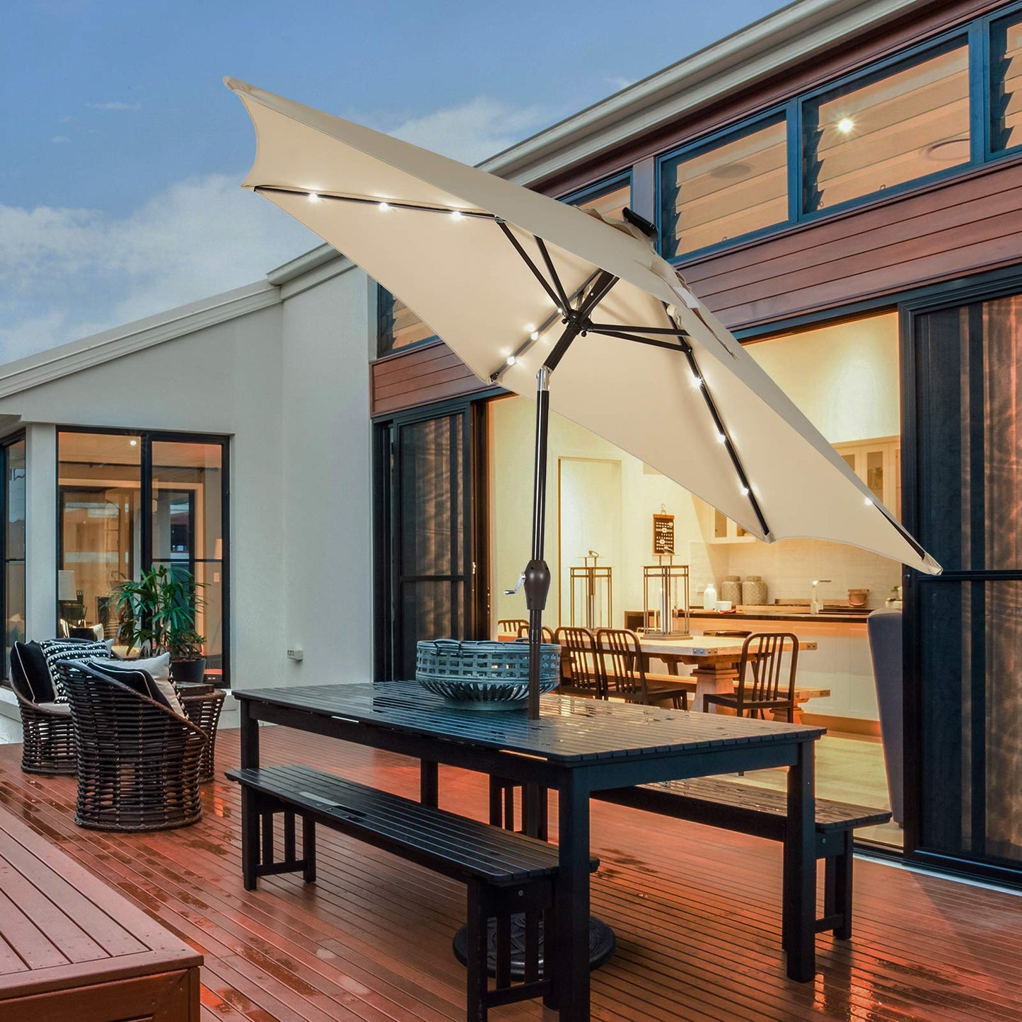 18 Solar Powered LED Lights Patio Umbrella with Tilt and Crank Handle