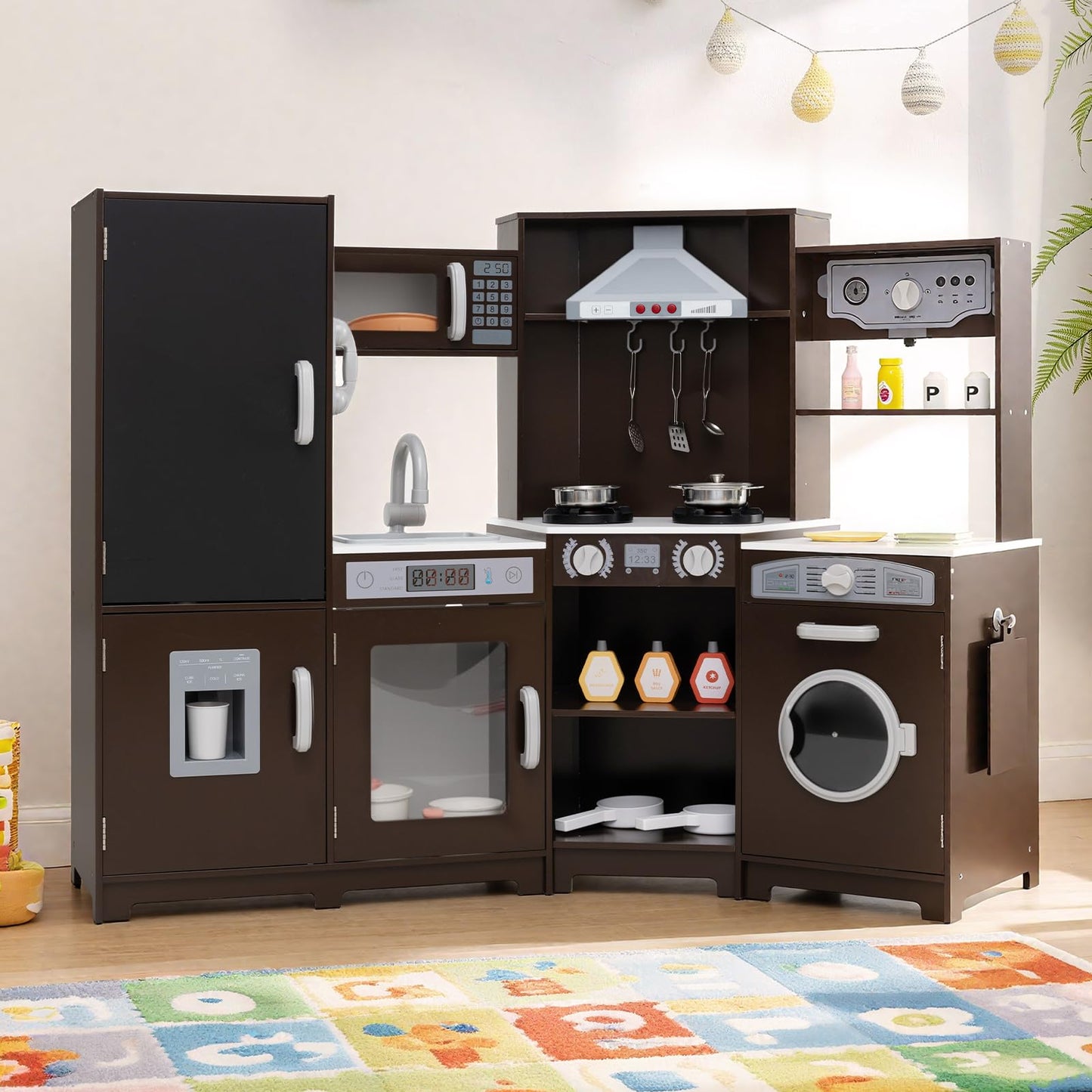 Corner Wooden Play Kitchen with Lights Sounds Toy Kitchen Playset