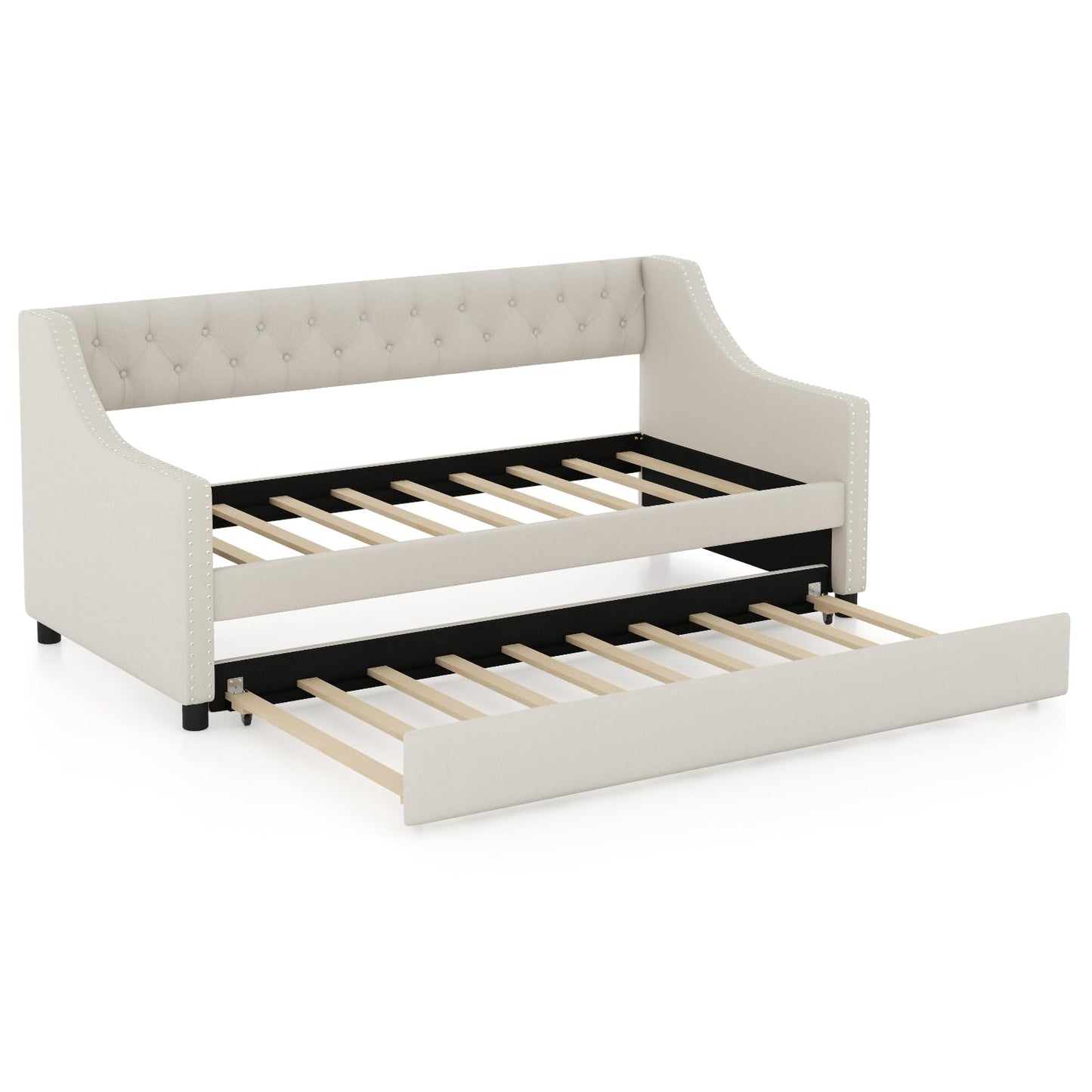 Single Size Trundle Bed Linen Upholstered Daybed with Backrest