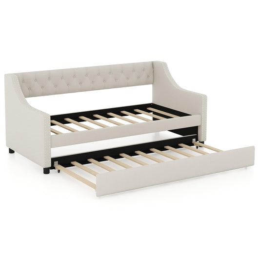 Single Size Trundle Bed Linen Upholstered Daybed with Backrest
