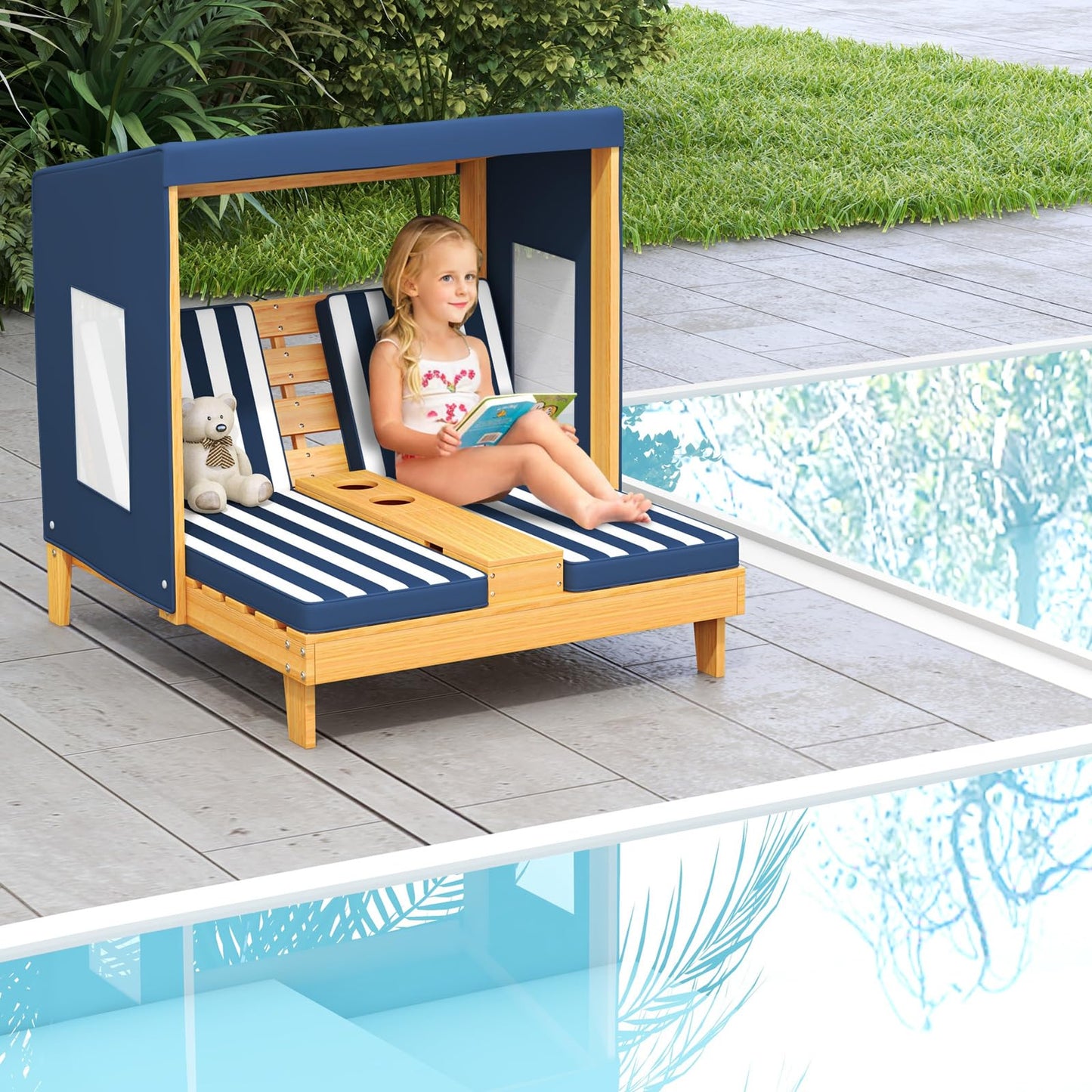 Kids Double Sun Lounger, 2-Seater Garden Lounge Chair with Canopy