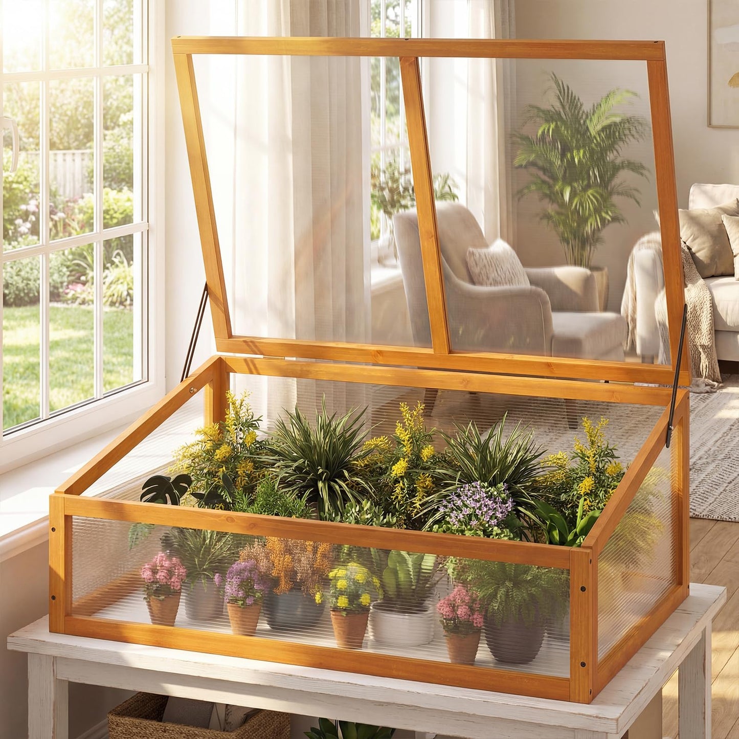 Wood Greenhouse, Garden Polycarbonate Cold Frame with Transparent Flip-top Roof