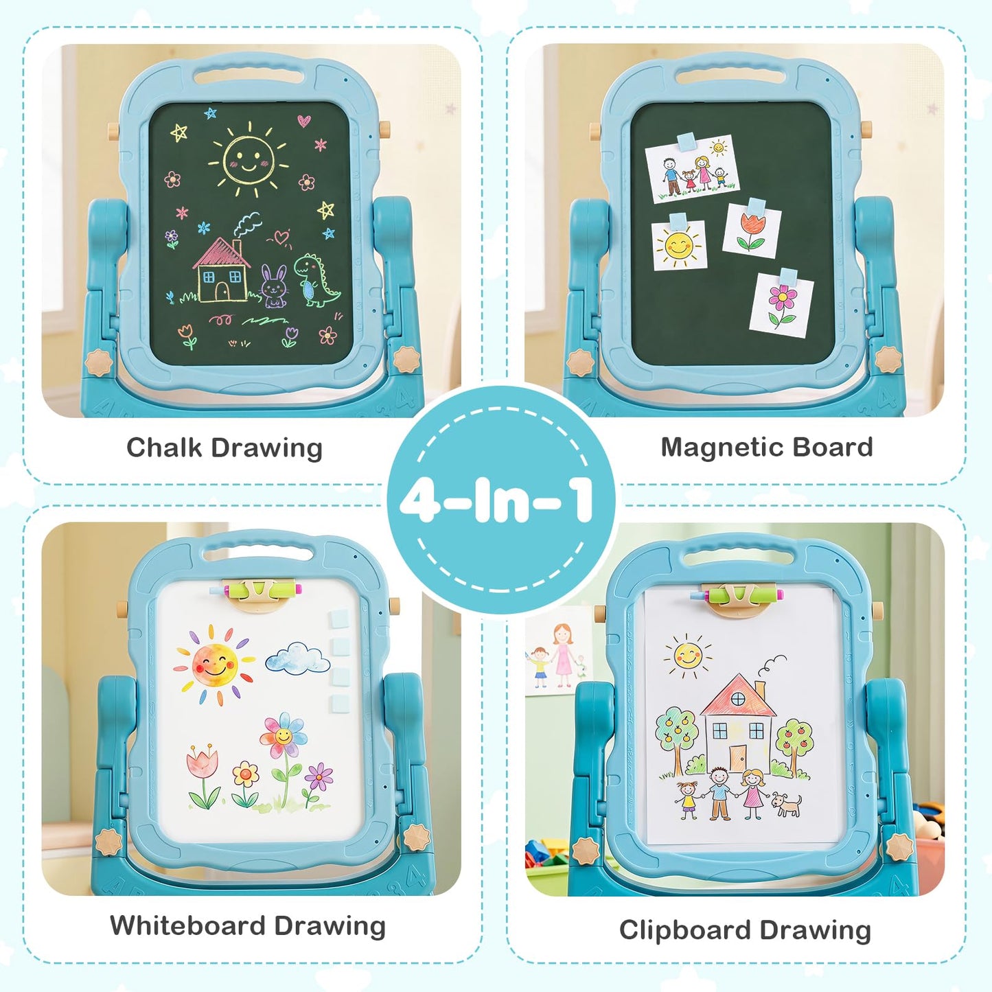 4-In-1 Double Side Easel for Toddler with Magnetic Chalkboard