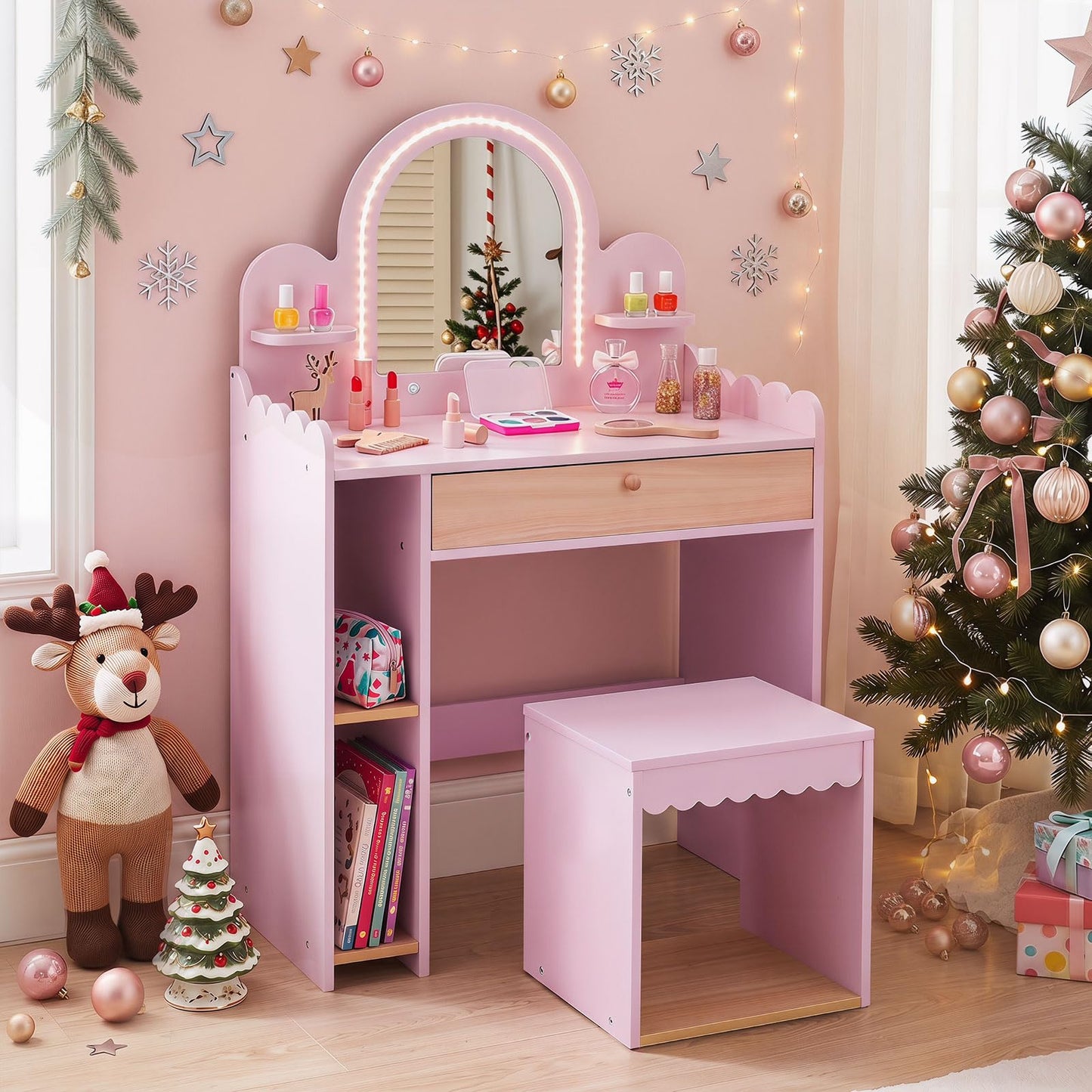 Kids Vanity with Lights and Storage Drawer with Chair for Ages 3+