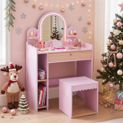 Kids Vanity with Lights and Storage Drawer with Chair for Ages 3+