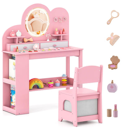 Kids Vanity with Lights Princess Vanity Table and Chair Set with 2 Drawers