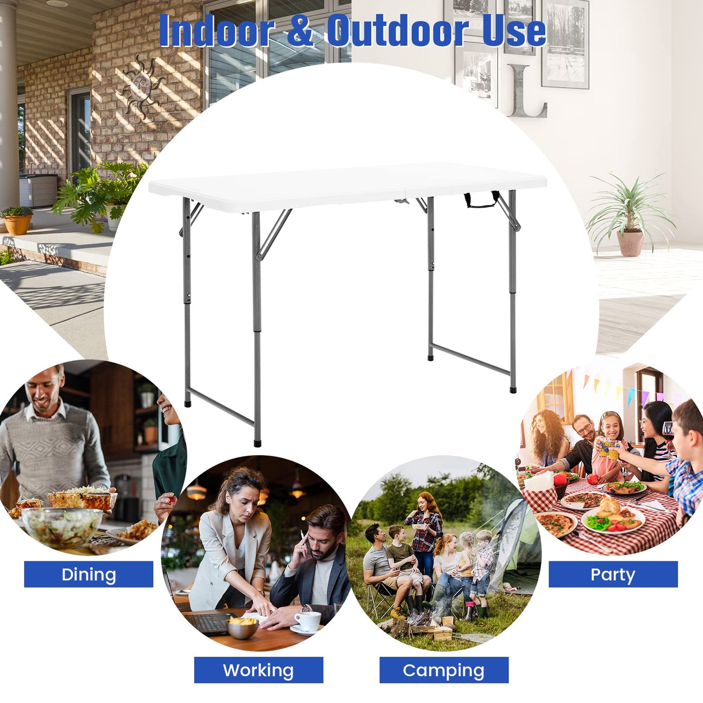 Portable Bi-fold Picnic Table with 3-Level Height Adjustment