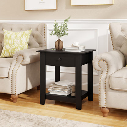 Wooden Nightstand End Sofa Side Table with Drawer and Open Shelf