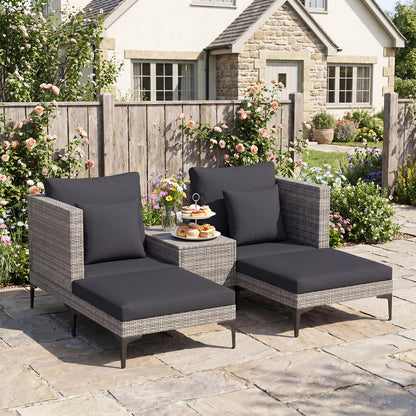 5-Piece Rattan Garden Furniture Set, Patio Conversation Set with 2 Chairs, 2 Ottomans, Coffee Table & Thick Cushions
