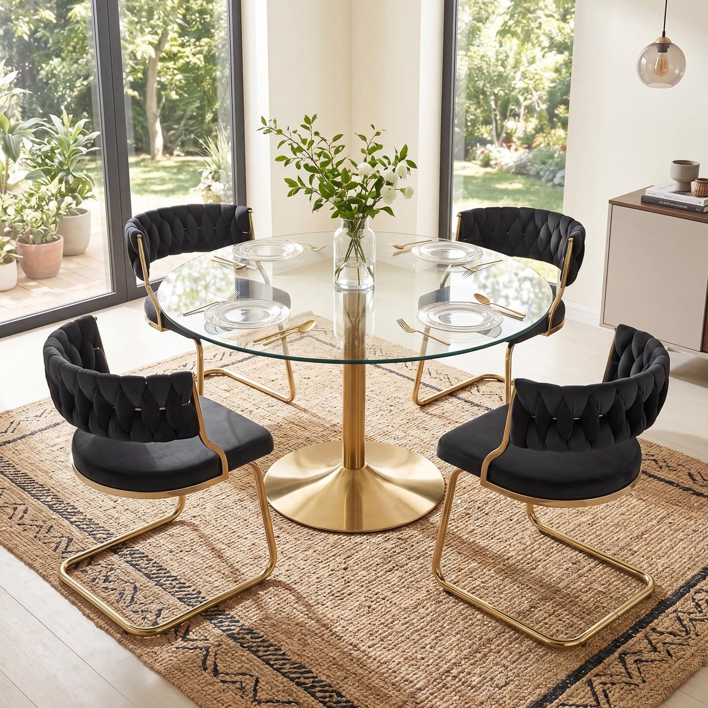 2 Pieces Velvet Dining Chairs with Curved Back and Sled Metal Base