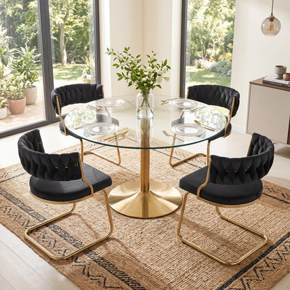 2 Pieces Velvet Dining Chairs with Curved Back and Sled Metal Base