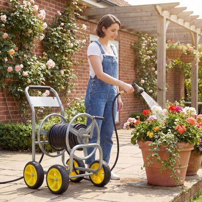 GiantexUK Garden Hose Reel Cart, Heavy-Duty Metal Hose Pipe Trolley with 4 Wheels