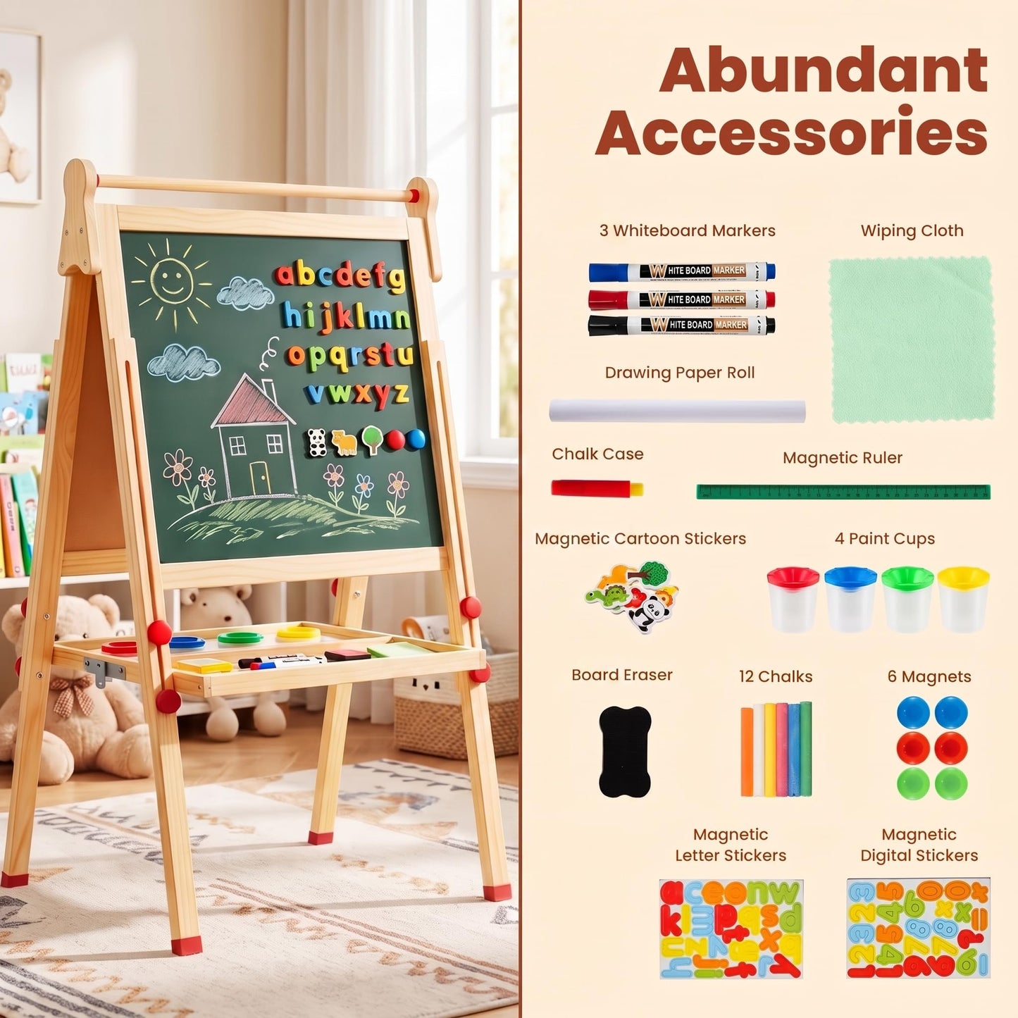 3-in-1 Kids Art Easel, Double-Sided Folding Wooden Easel