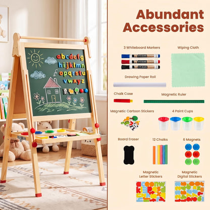 3-in-1 Kids Art Easel, Double-Sided Folding Wooden Easel
