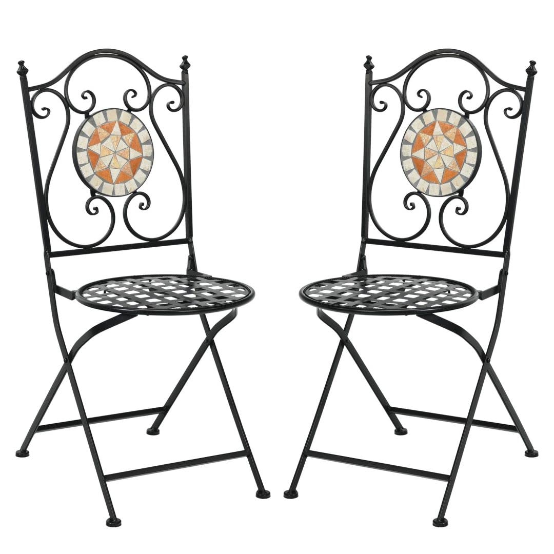 GiantexUK 3PCS Patio Bistro Set, Metal Frame Round Mosaic Coffee Table with 2 Folding Chairs