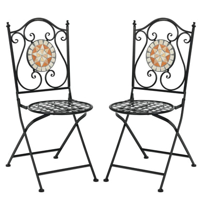 GiantexUK 3PCS Patio Bistro Set, Metal Frame Round Mosaic Coffee Table with 2 Folding Chairs