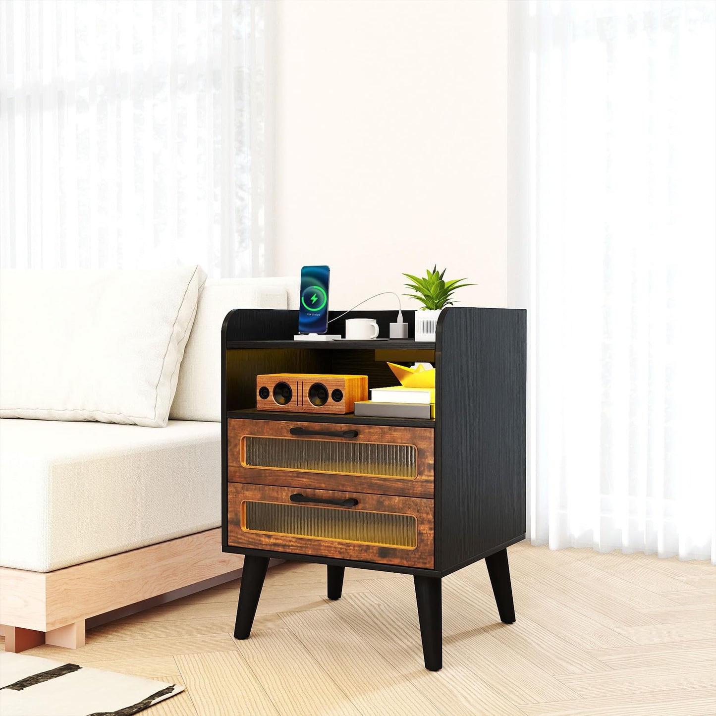 Mid Century Nightstand Modern Bedside Table with Charging Station